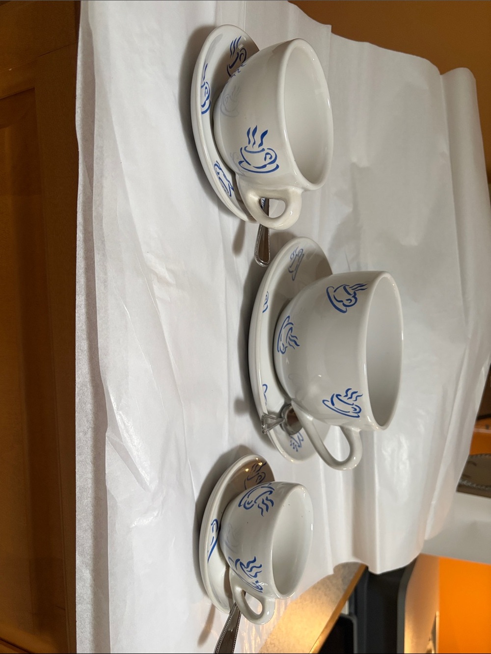 White Ceramic Coffee Cup and Saucer Set with Blue Steam Motif - 3 Pc